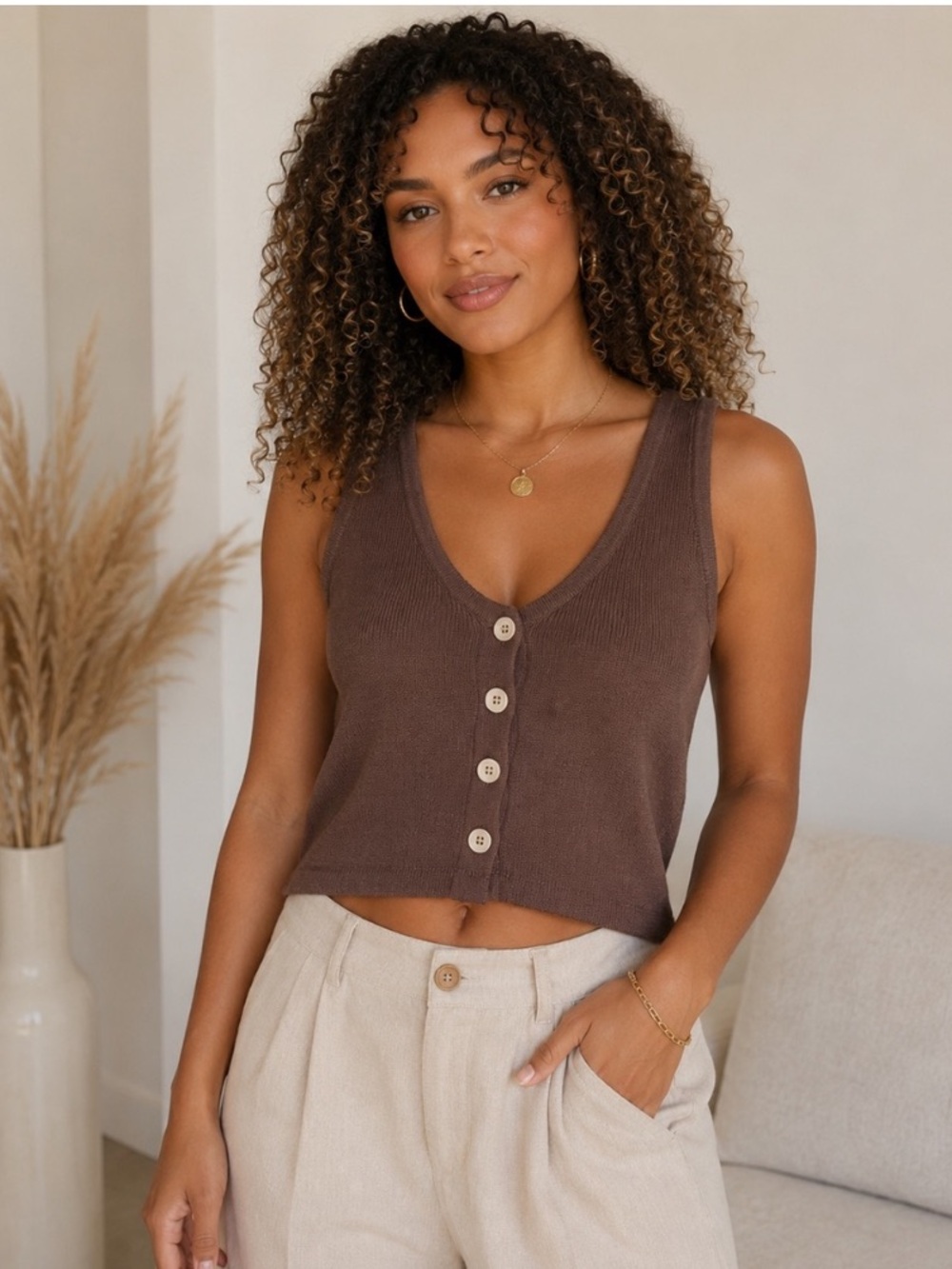 Zenana Cropped Brown Button-Front Knit Vest NWOT 🌴
